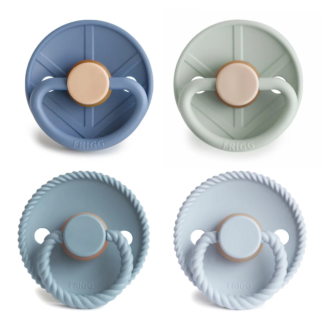 FRIGG Skyline Serenity natural rubber pacifier 4-pack size 1 front - latex soother in calm blue-grey tones