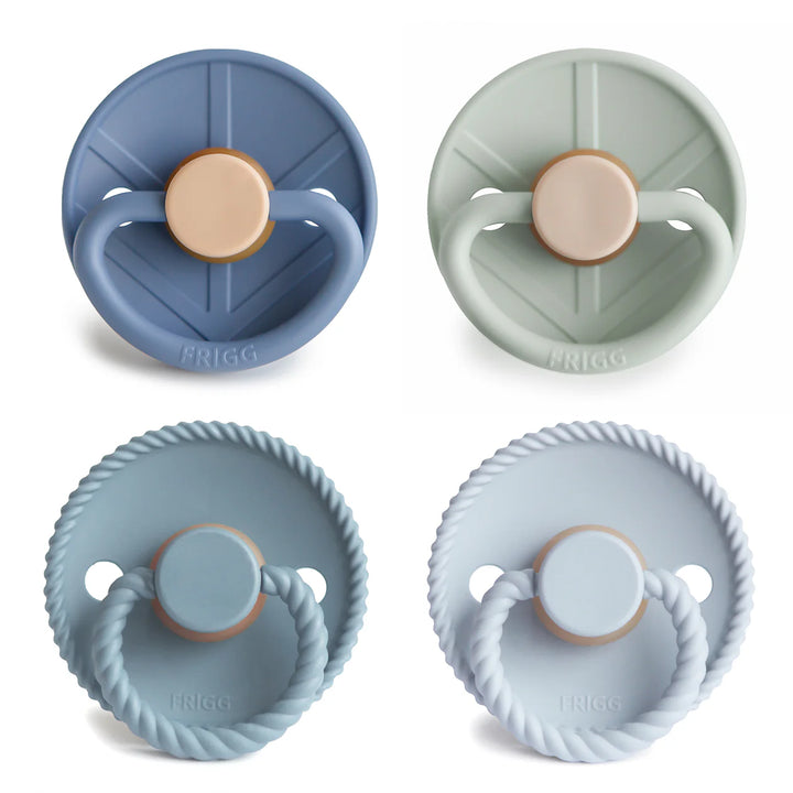 FRIGG Skyline Serenity natural rubber pacifier 4-pack size 1 front - latex soother in calm blue-grey tones