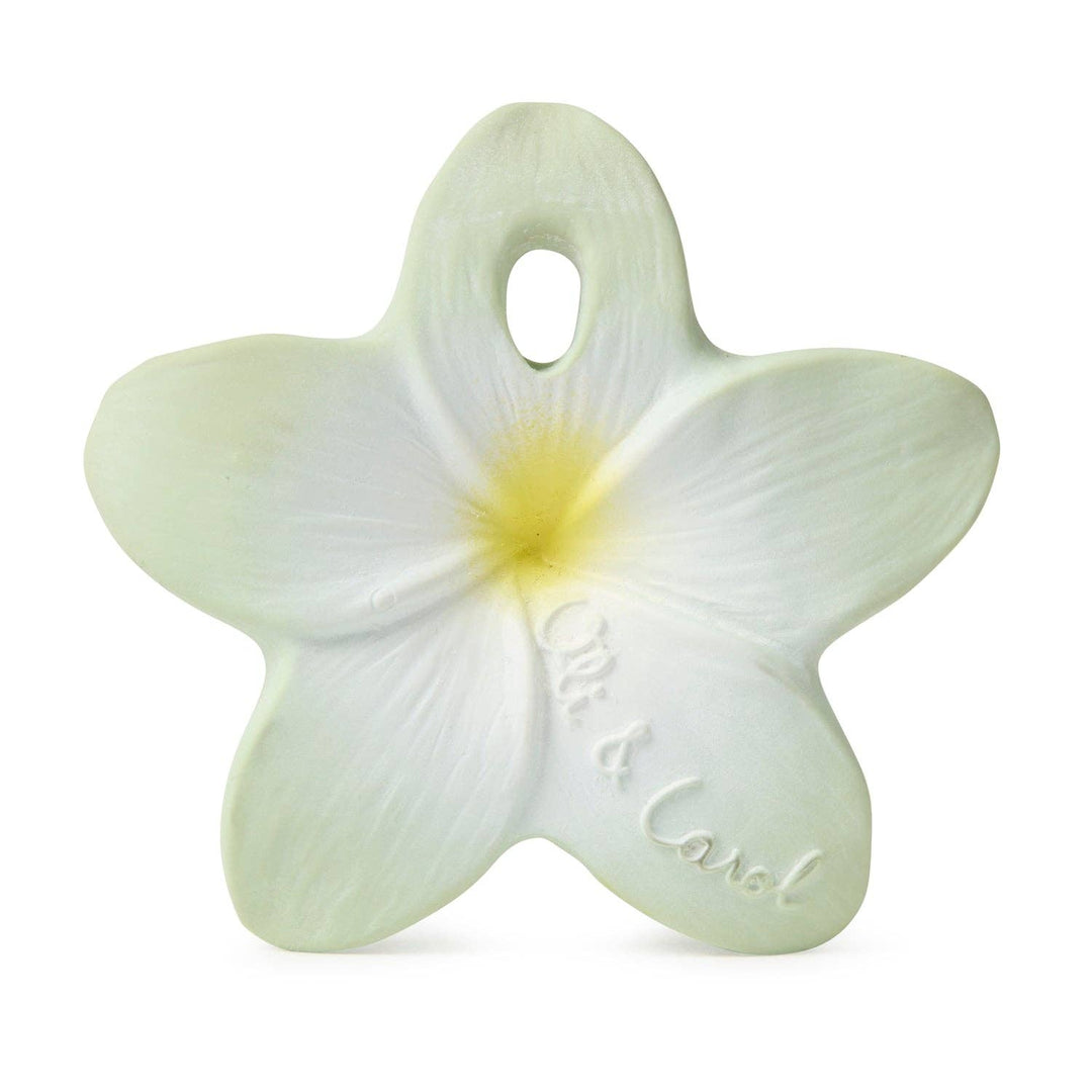 Oli & Carol Bali the Flower natural rubber teether in soft mint green with a yellow center