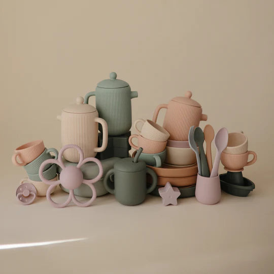 bpa free silicone mushi play sets in green pink and purple for gender neutral children&