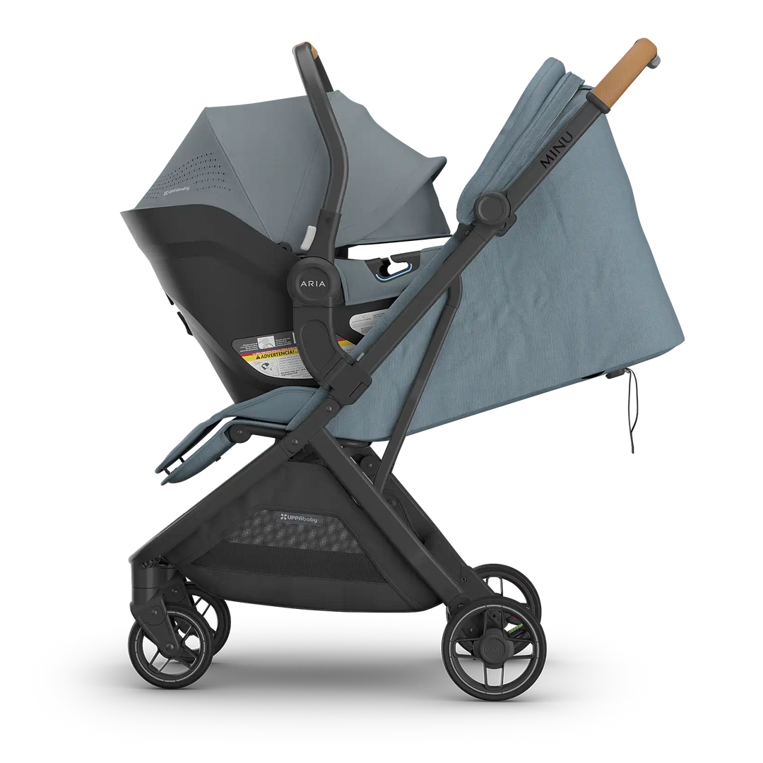 side view of uppababy callum stone blue aria v2 and minu v3 stroller for families