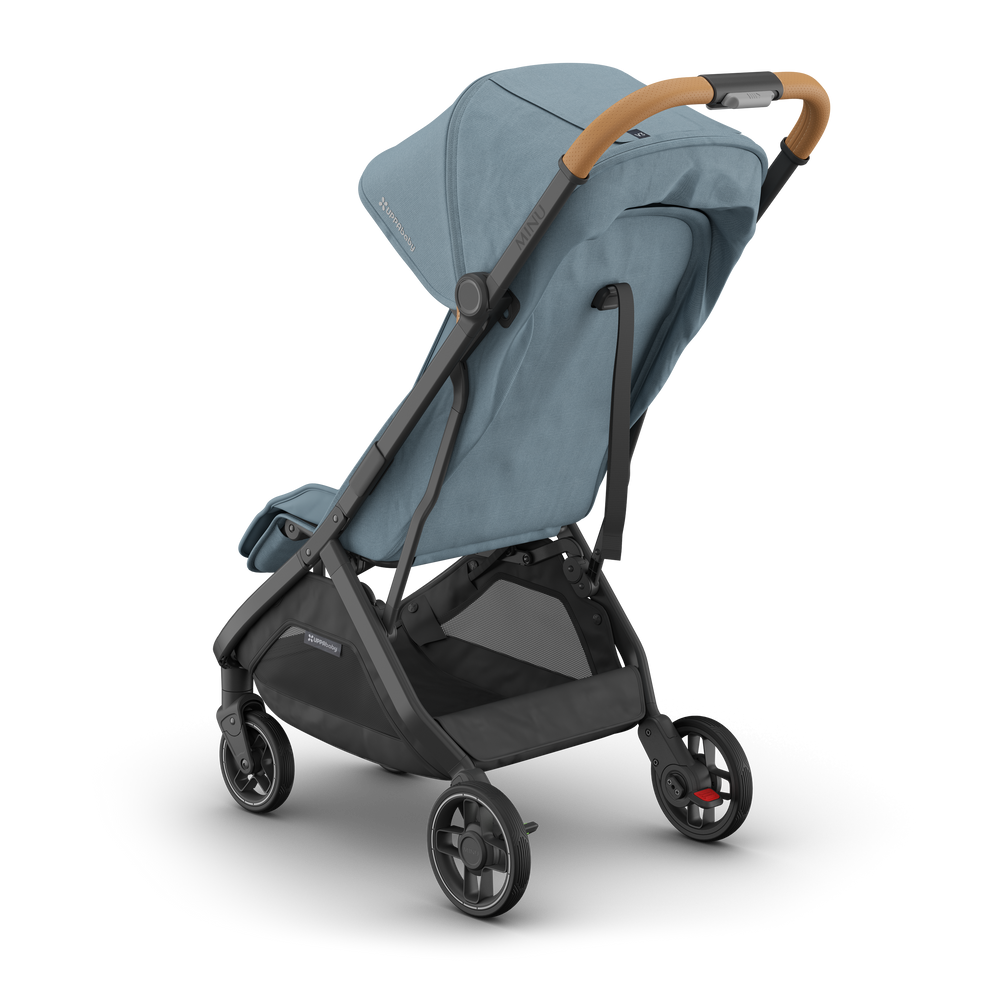 Sleek and modern UPPAbaby Minu V3 Dillan baby stroller, rear angle. Lightweight design perfect for everyday adventures.