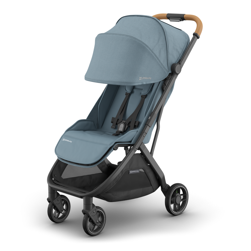 Sunshade extended on the UPPAbaby Minu V3 Dillan toddler stroller, left view. Designed for comfort and convenience.