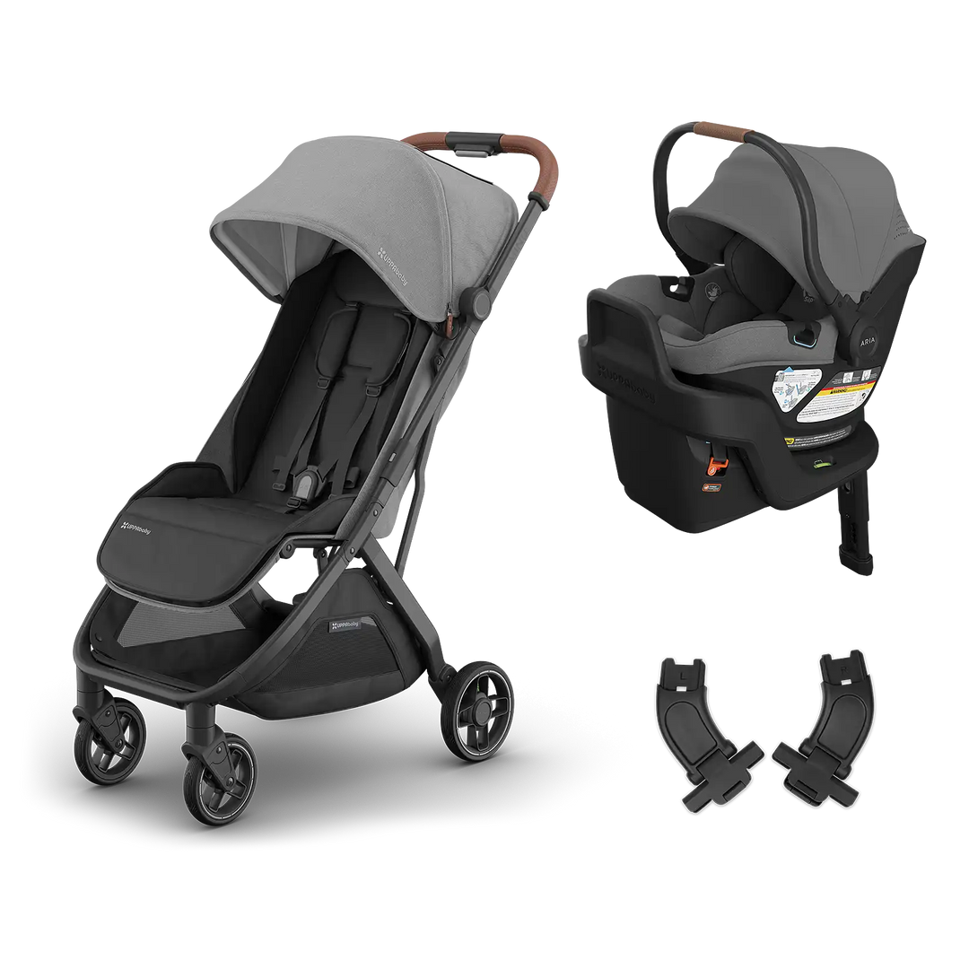 minu v3 and aria v3 in greyson grey uppababy infant travel system with adapters