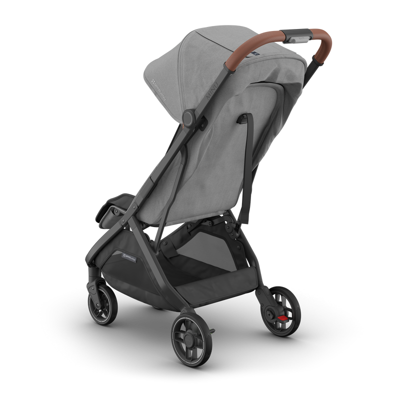 Baby stroller UPPAbaby Minu V3 Greyson, rear three-quarter view, sleek and functional design.