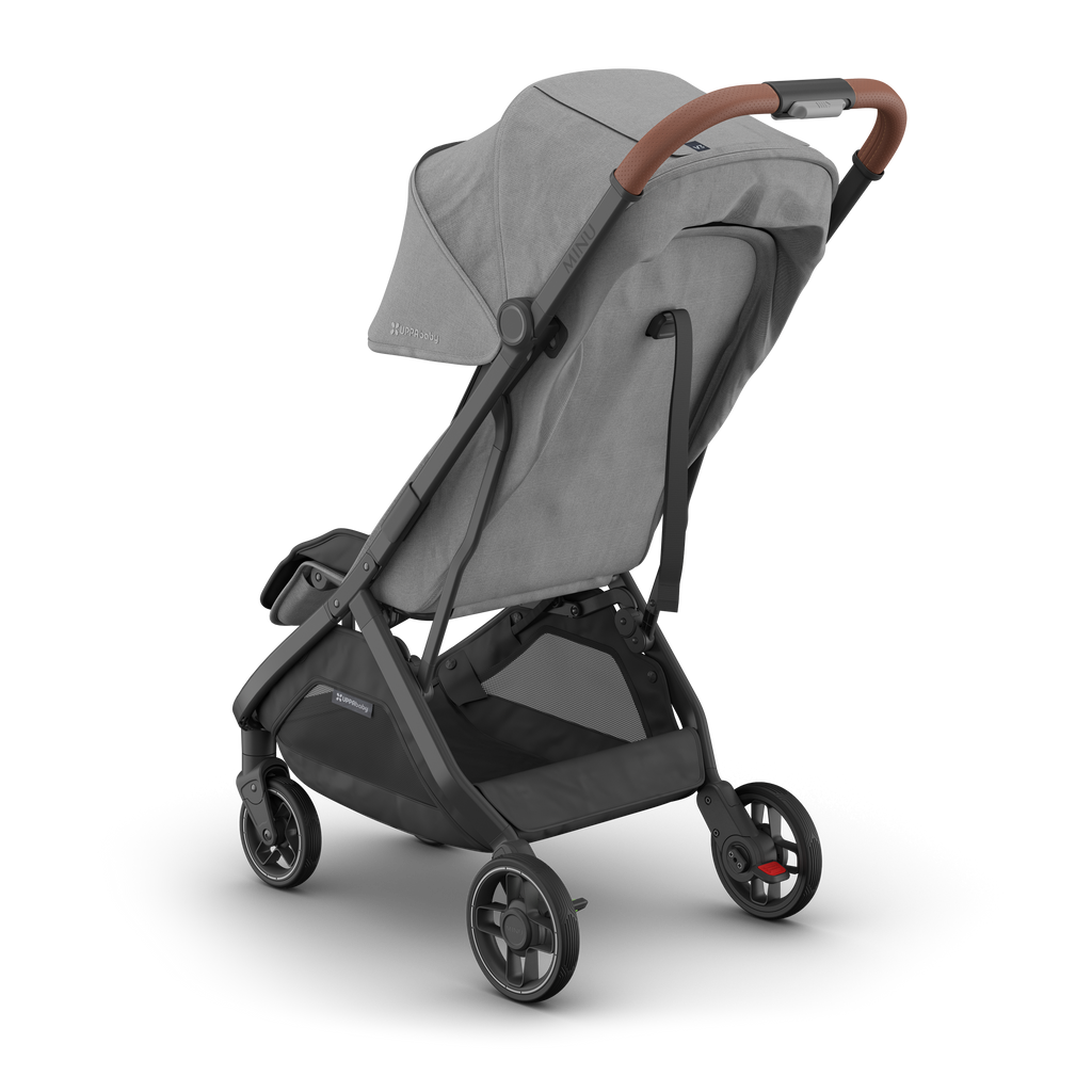 UPPAbaby Minu V3 Greyson stroller with sunshade extended, compact and stylish for travel.