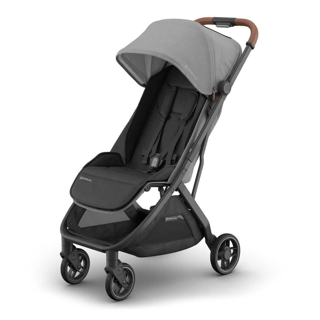 Toddler stroller UPPAbaby Minu V3 Greyson, side-angle hero shot, lightweight and modern.