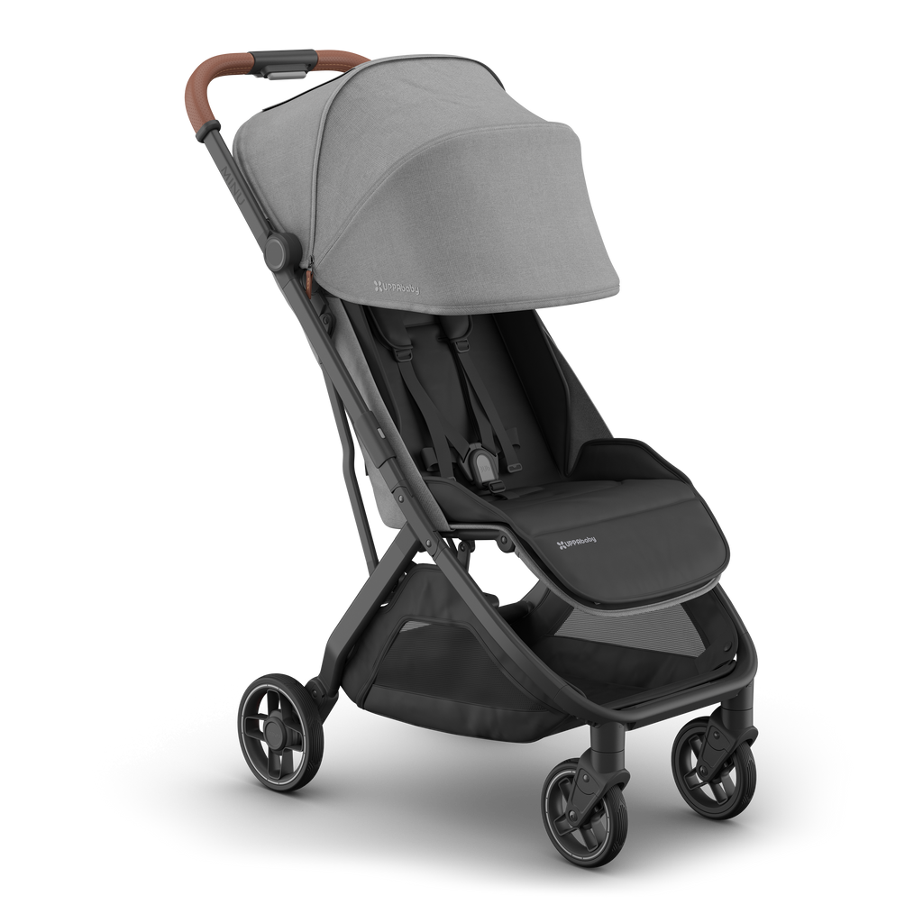 Best stroller choice, UPPAbaby Minu V3 Greyson, side view with sunshade, built for comfort.