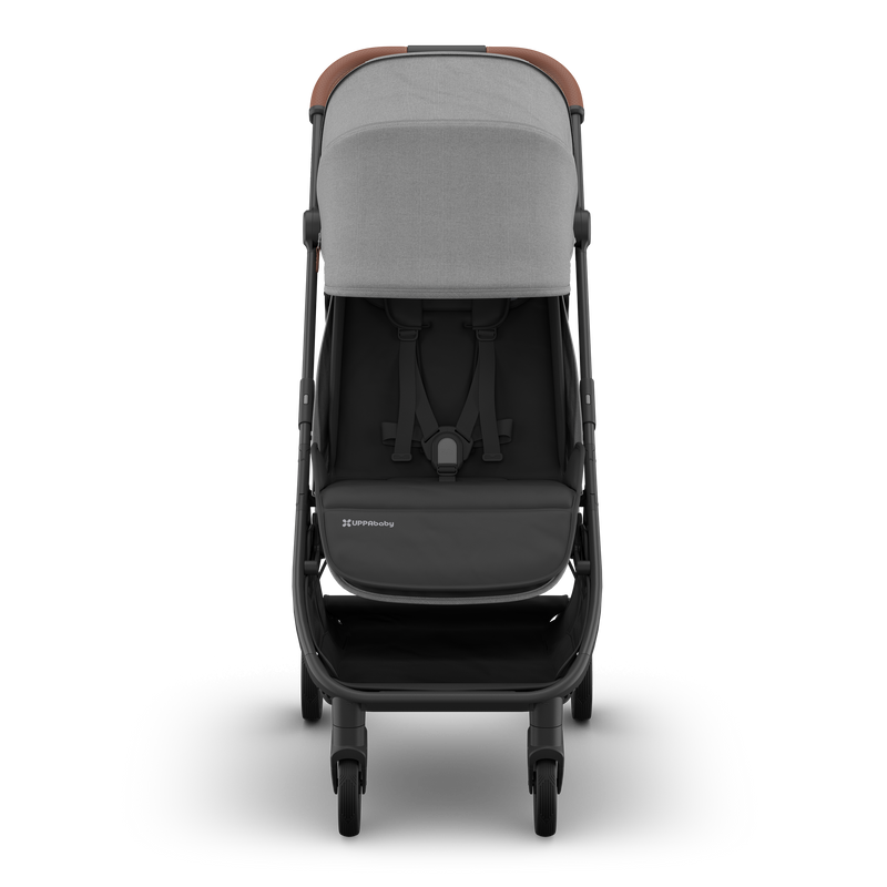 Baby stroller UPPAbaby Minu V3 Greyson, front view with sunshade fully extended.