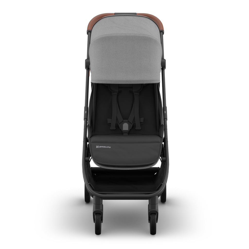 Baby stroller UPPAbaby Minu V3 Greyson, front view with sunshade fully extended.