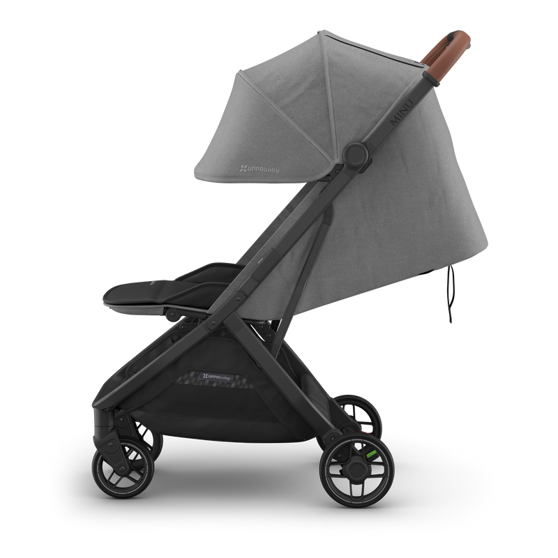 UPPAbaby Minu V3 Greyson stroller, side-left view showing key features for a smooth stroll.