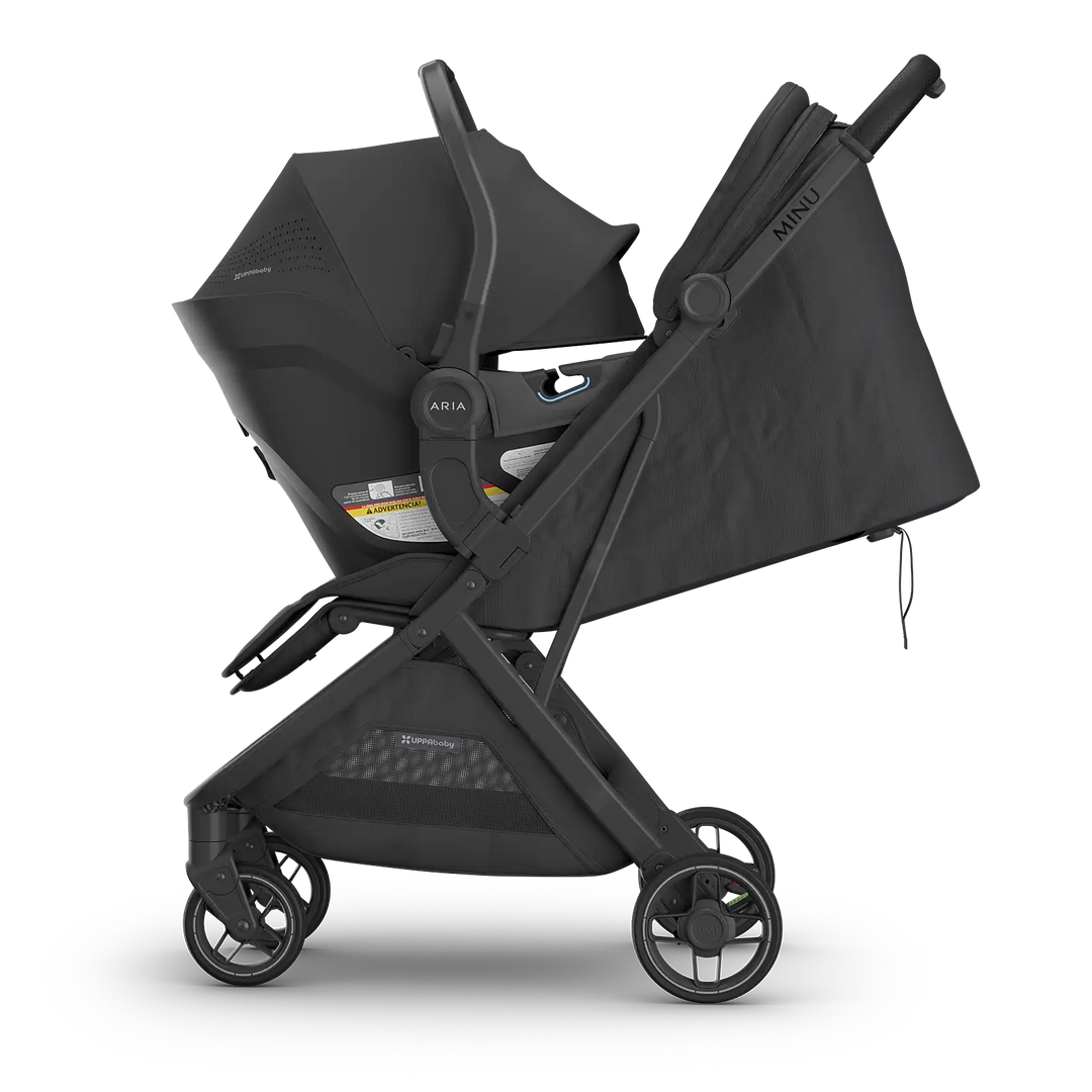 profile view of uppababy minu v3 and aria v2 in jake black lightweight infant car seat
