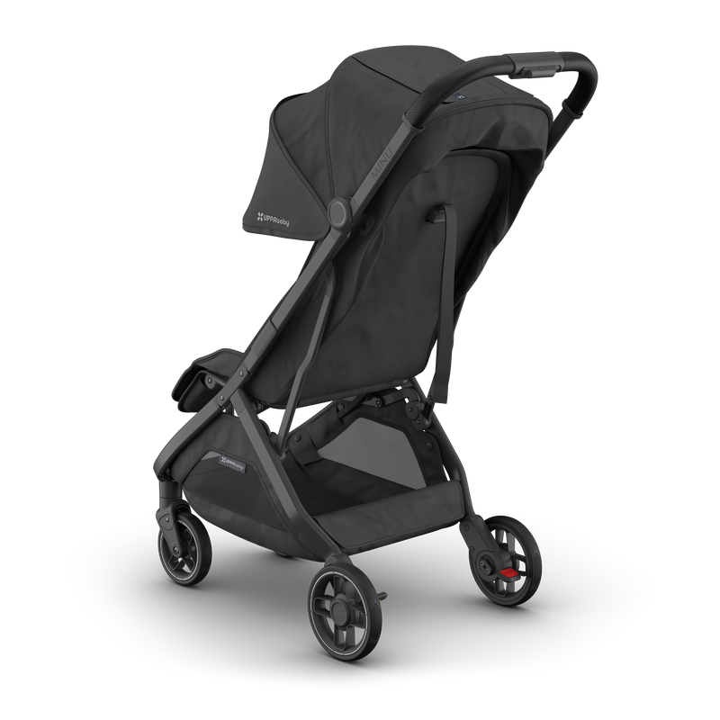 Best stroller UPPAbaby Minu V3 Jake, rear three-quarter view with sunshade for sun protection.