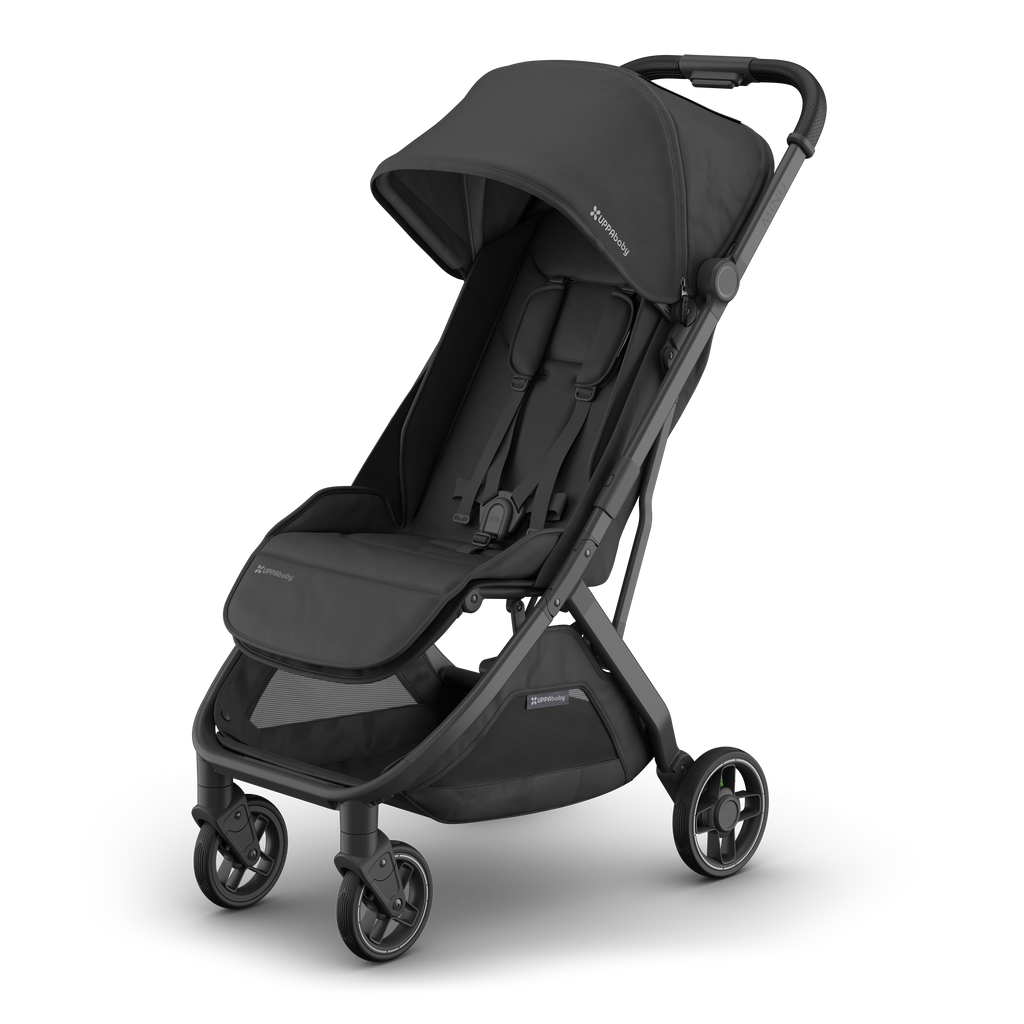 Travel stroller UPPAbaby Minu V3 Jake, side-left hero shot, stylish and lightweight for trips.