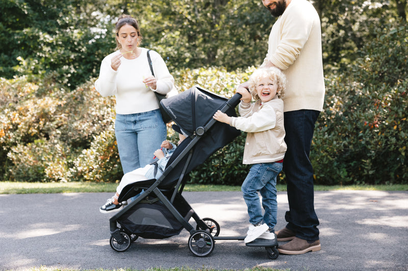 UPPAbaby Minu V3 Jake with PiggyBack rider in Jake Ð the best stroller for parent-child convenience.