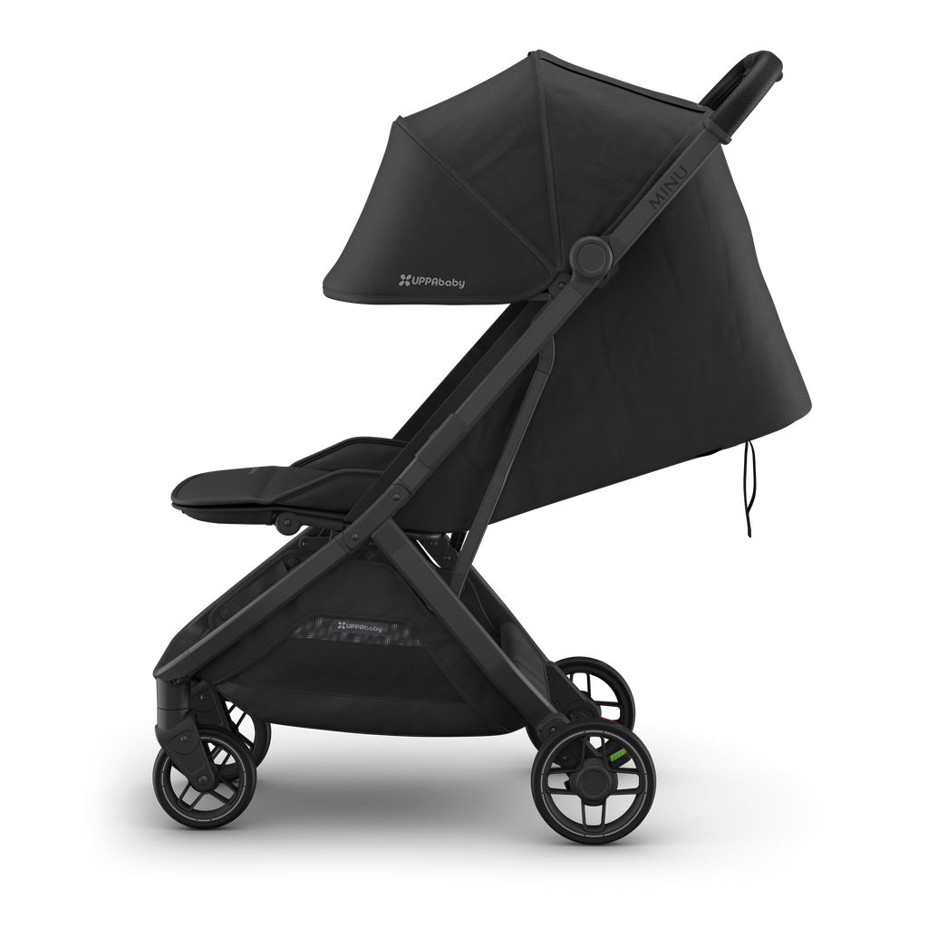 Side left features of UPPAbaby Minu V3 Jake in Jake, a baby stroller designed for ultimate convenience.