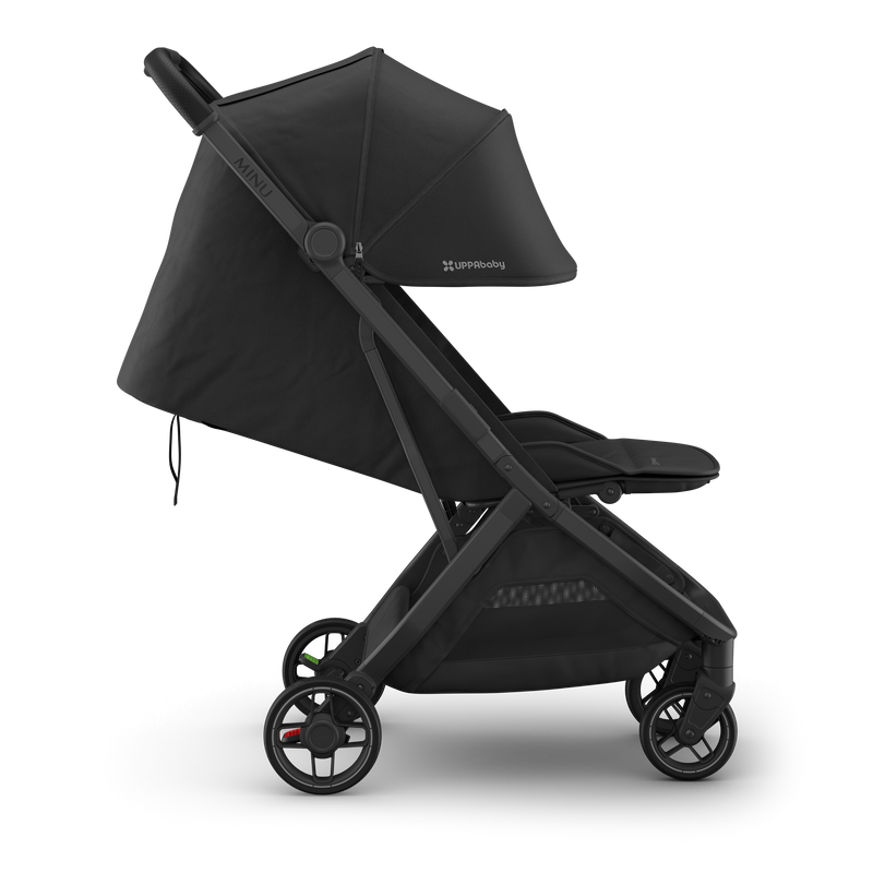 Side right features of UPPAbaby Minu V3 Jake, a versatile travel stroller perfect for any trip.