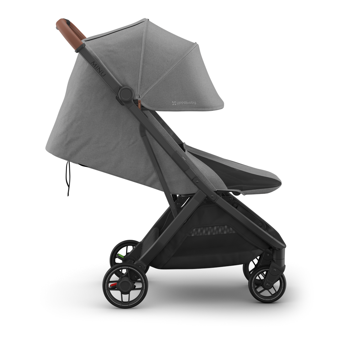 Side right features of UPPAbaby Minu V3 Greyson, a lightweight stroller built for easy strolling.