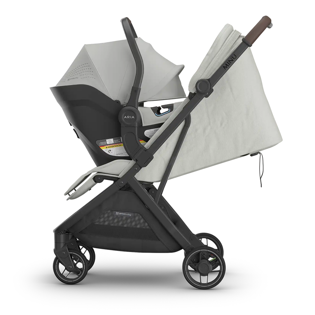 aria v2 baby car seat on minu v3 single stroller frame profile view savannah pearl grey