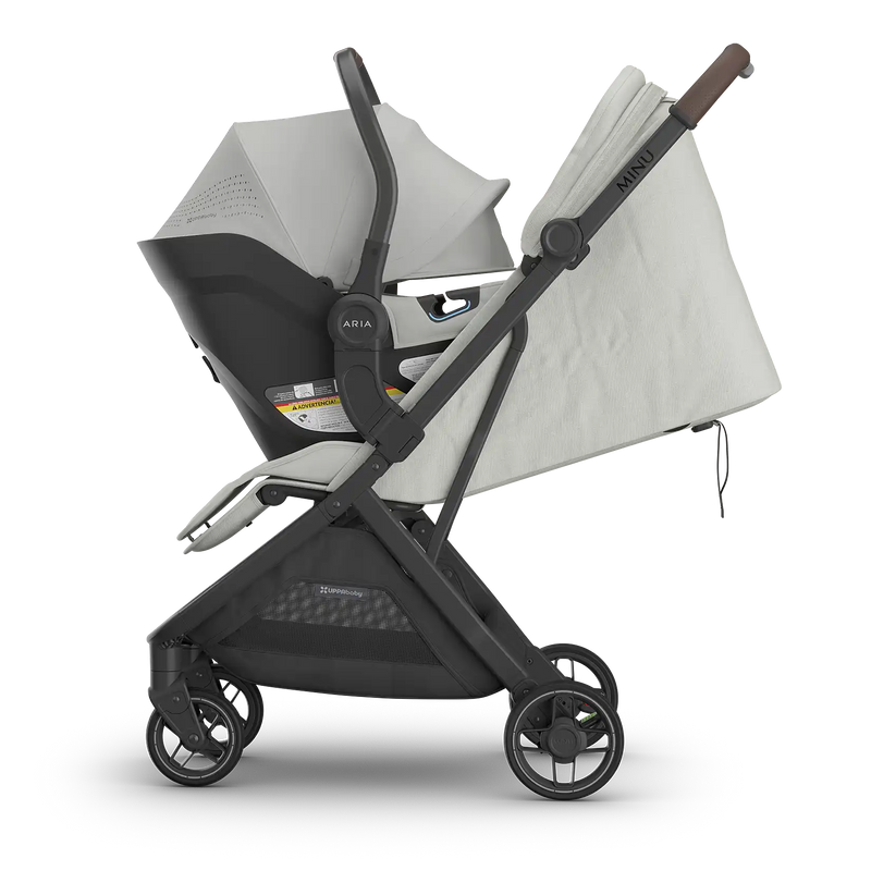 aria v2 baby car seat on minu v3 single stroller frame profile view savannah pearl grey