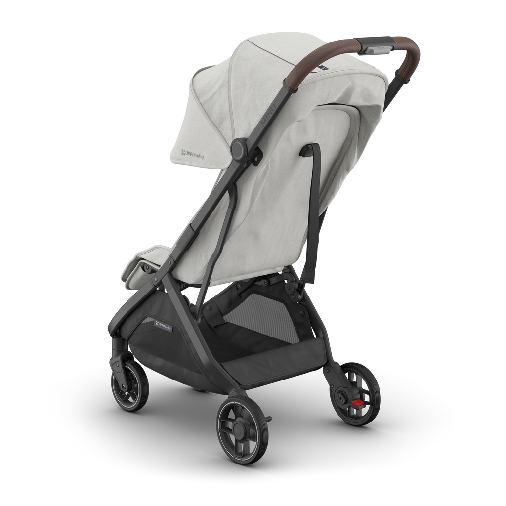 UPPAbaby Minu V3 Savannah Ð 3-quarter back view with sunshade for enhanced stroller comfort.