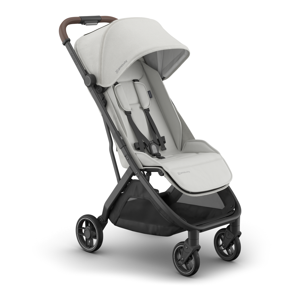 UPPAbaby Minu V3 Savannah Ð great for strolling, seen in a sleek 3-quarter view.