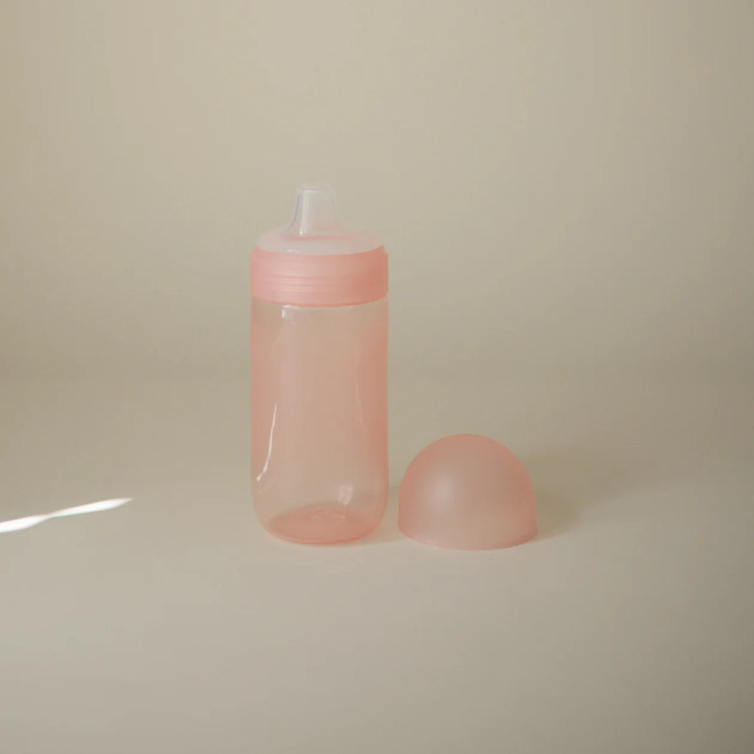 Mushie Soft Spout Sippy Cup flat lay overhead - translucent body training cup with food-grade silicone spout