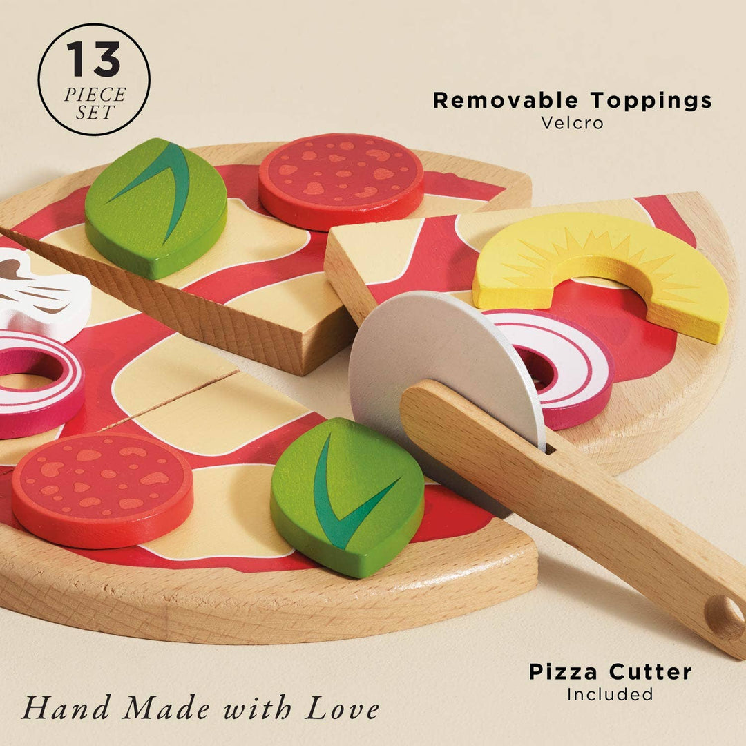 A badge counts thirteen hook and loop pieces including a pizza cutter on Le Toy Van's Pizza Set