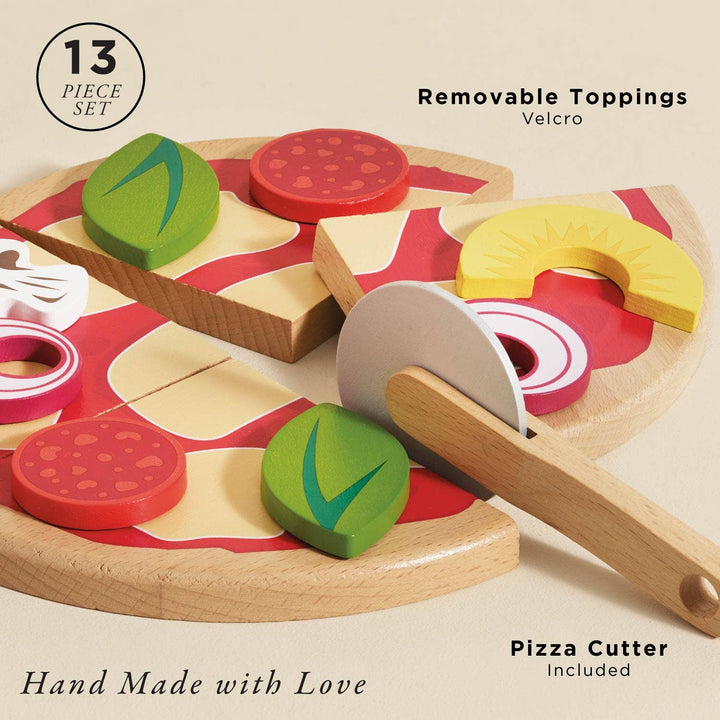 A badge counts thirteen hook and loop pieces including a pizza cutter on Le Toy Van's Pizza Set