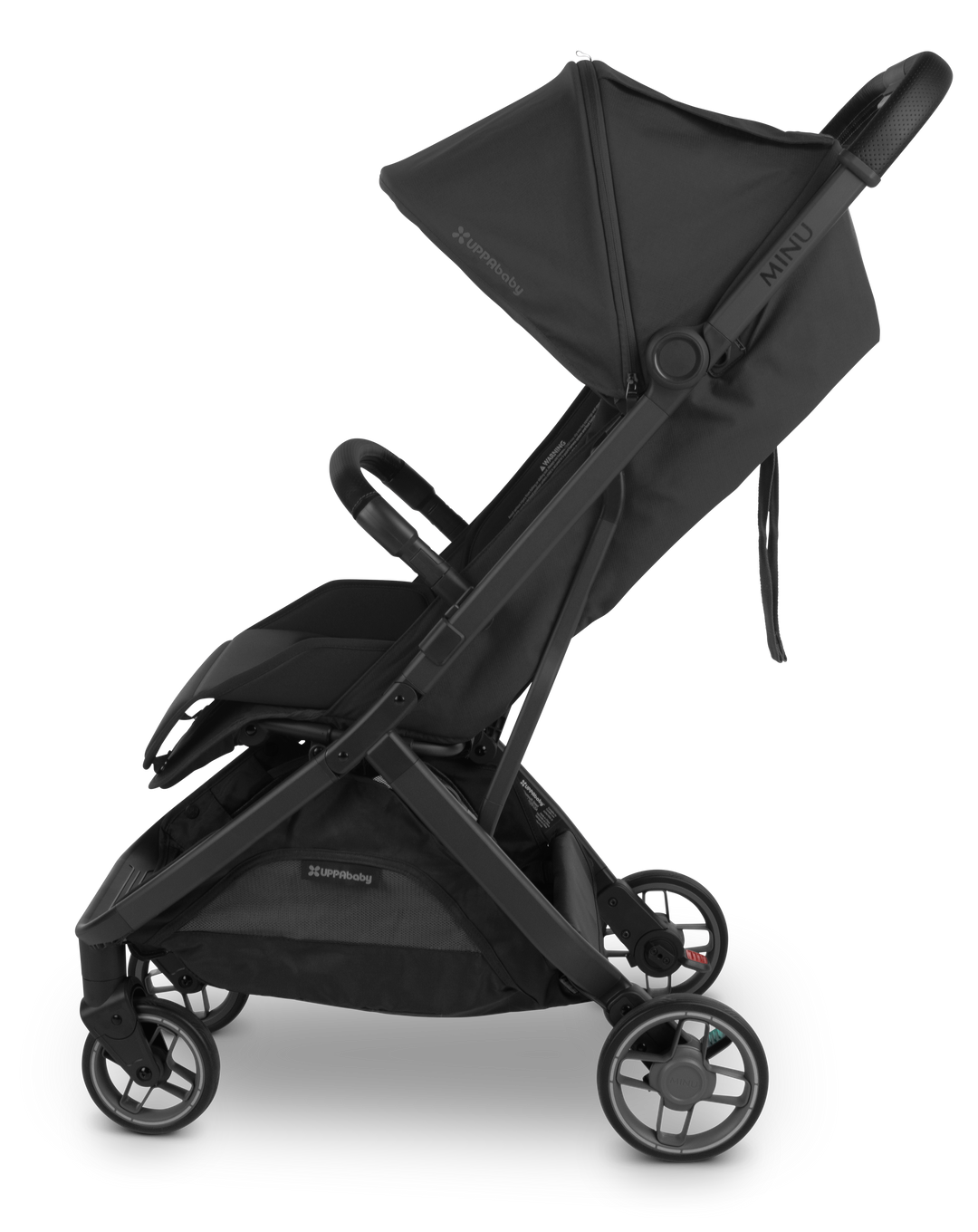 Side view of Black UPPAbaby Minu V3 Bumper Bar Ð This stroller accessory enhances the ease of use of your lightweight stroller.