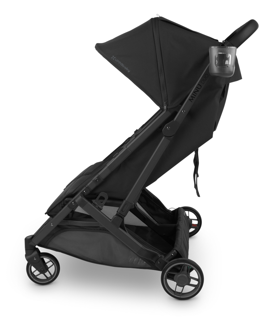 Side view of UPPAbaby Minu V3 Cup Holder, the perfect addition to your lightweight stroller for drink storage.