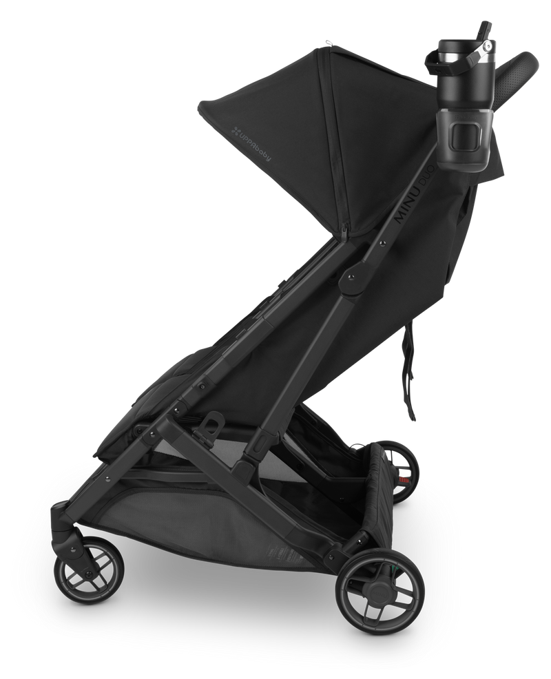 UPPAbaby Minu V3 Cup Holder in action, mounted on the stroller side to hold drinks securely while strolling.