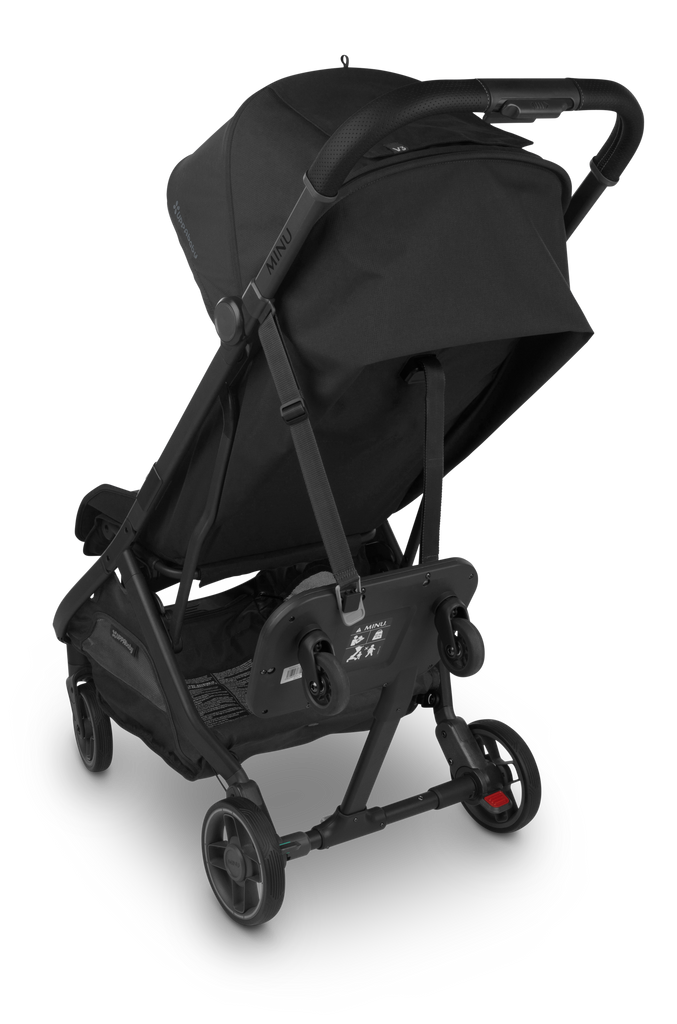 Travel in style with the UPPAbaby Minu V3 in Magic Black, an umbrella stroller with a sleek design.