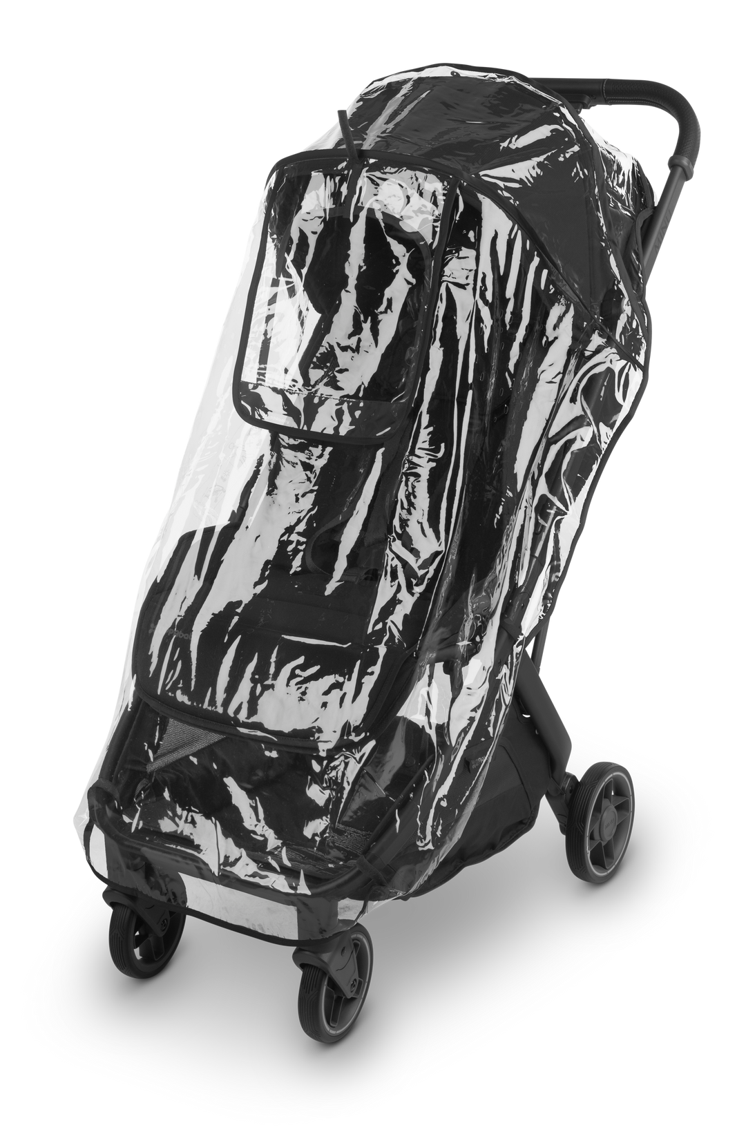 UPPAbaby Minu V3 Rain Shield fitted on a travel stroller. Durable, transparent cover shields against rain and wind. Lightweight stroller essential for all seasons.