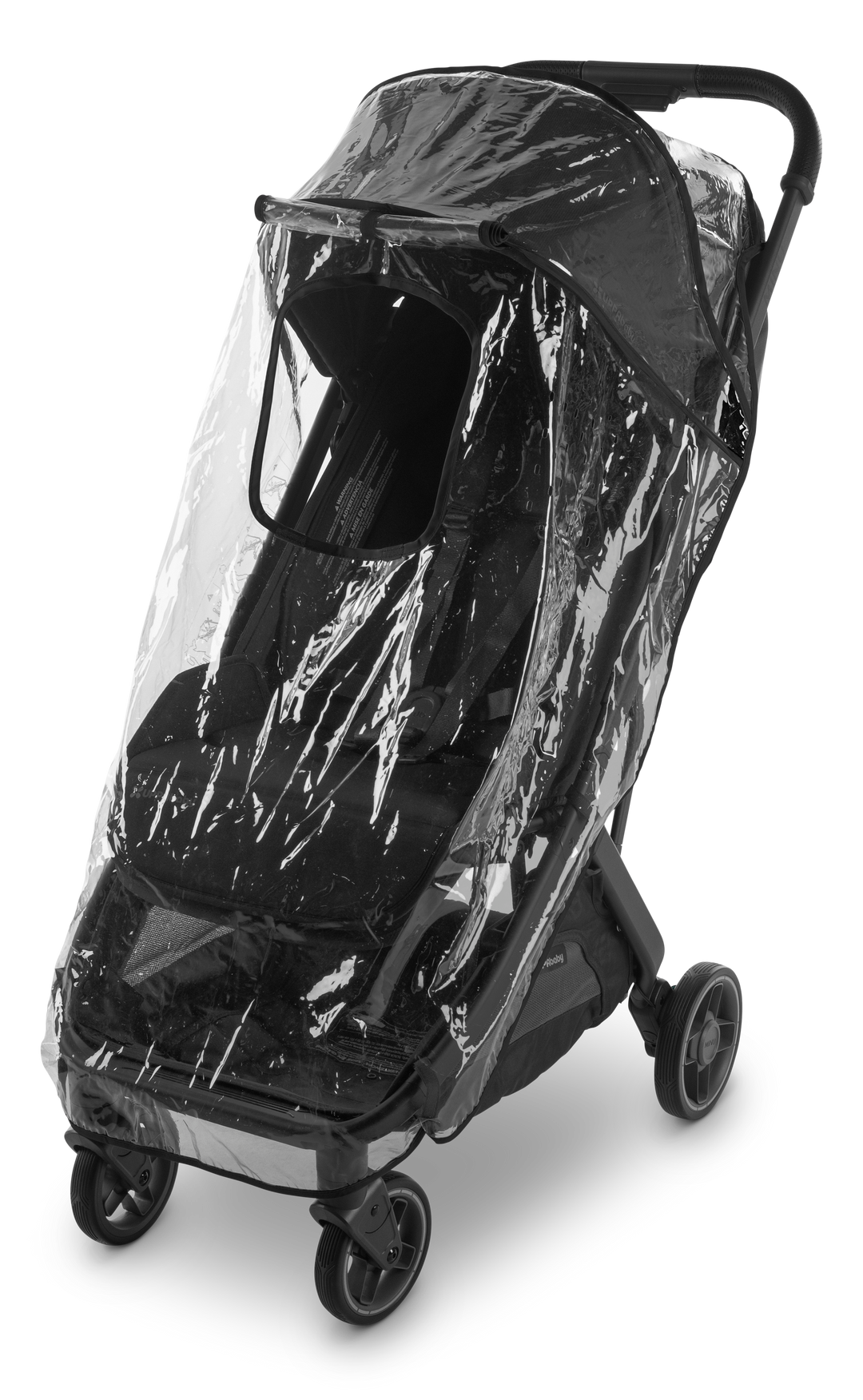 Minu V3 Rain Shield on UPPAbaby stroller, providing weather protection for comfortable strolls. Transparent cover with ventilation. Best stroller accessory for rainy days.