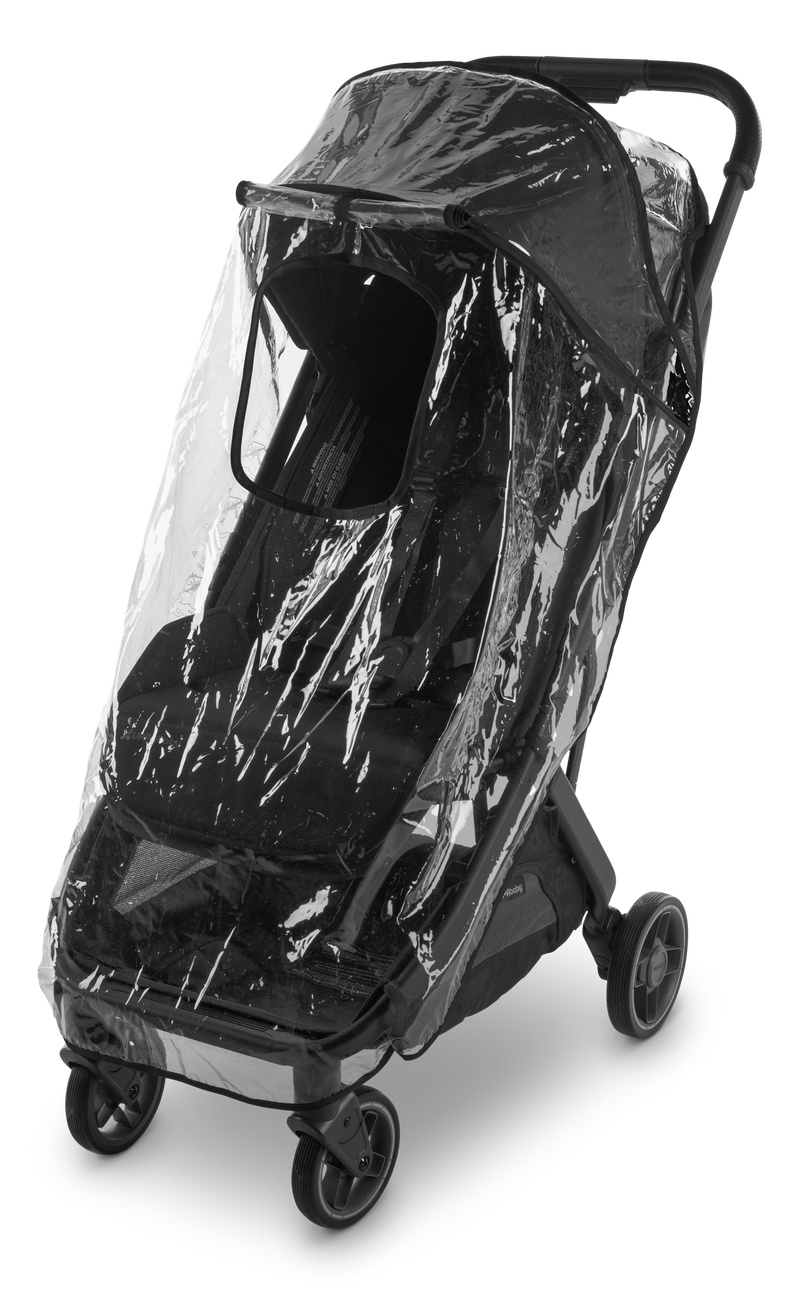 Minu V3 Rain Shield on UPPAbaby stroller, providing weather protection for comfortable strolls. Transparent cover with ventilation. Best stroller accessory for rainy days.