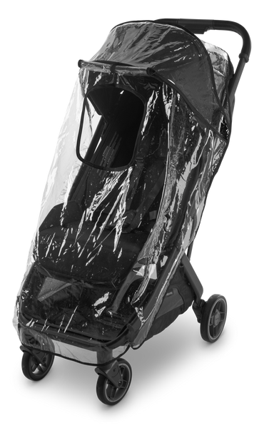 Minu V3 Rain Shield on UPPAbaby stroller, providing weather protection for comfortable strolls. Transparent cover with ventilation. Best stroller accessory for rainy days.