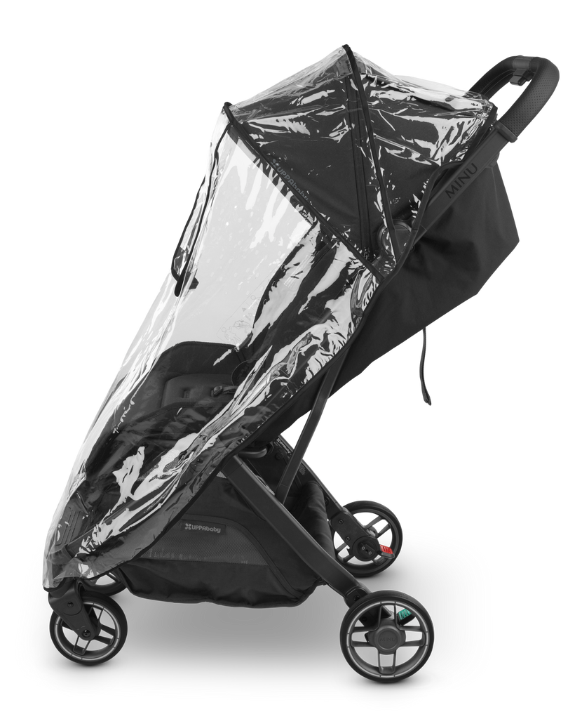 Side view of UPPAbaby Minu V3 Rain Shield on a baby stroller. Clear waterproof cover with ventilation. Must-have stroller accessory for all-weather strolls.