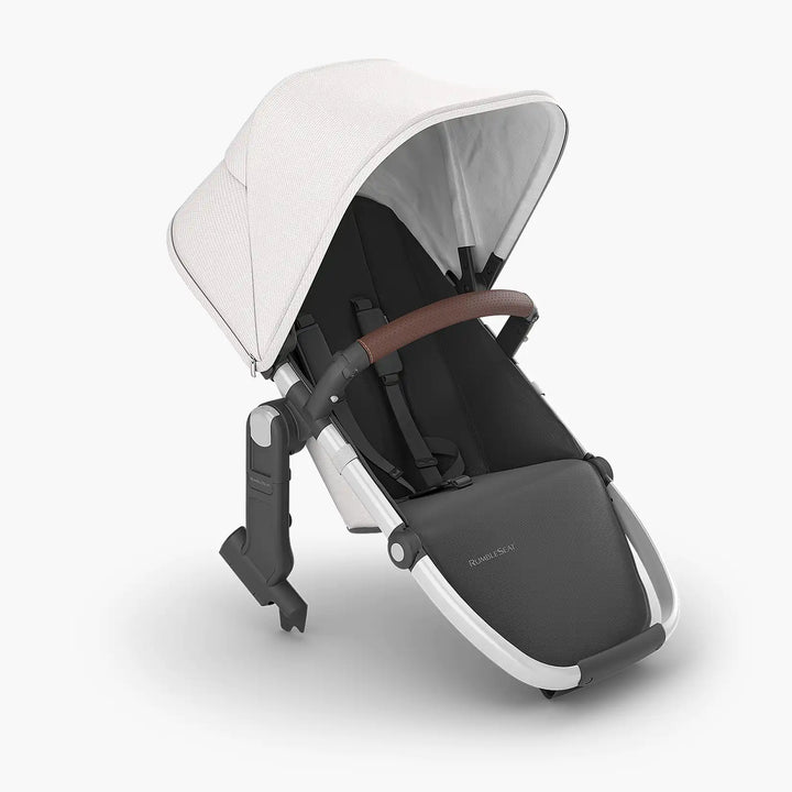 UPPAbaby RumbleSeat V2+ in Bryce, white marl second stroller seat with silver frame and chestnut leather bumper bar