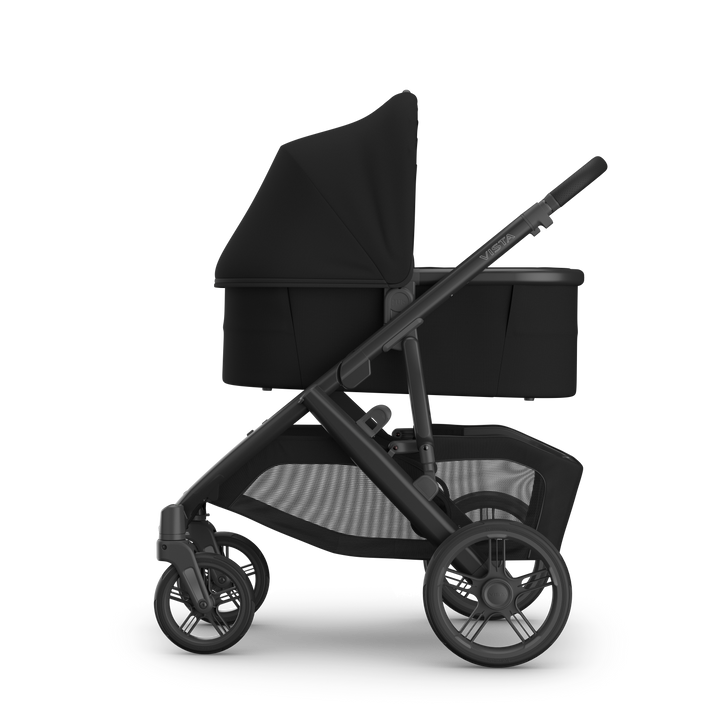 UPPAbaby Bassinet V3 James Black on Vista V3 side — all-black infant bassinet on full-size stroller