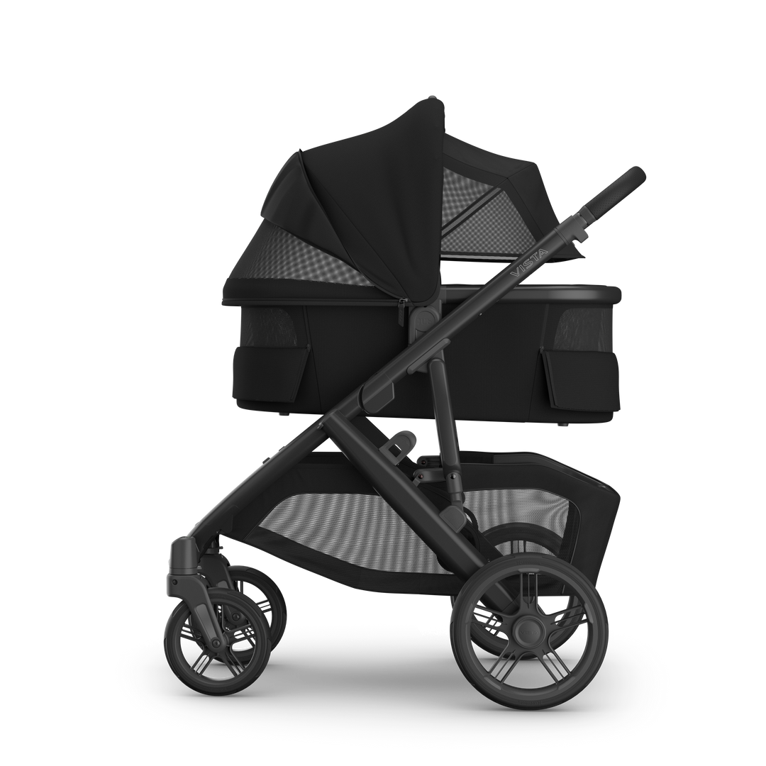 Bassinet V3 James Black on Vista V3 side all vents — UPPAbaby newborn bassinet full ventilation stroller