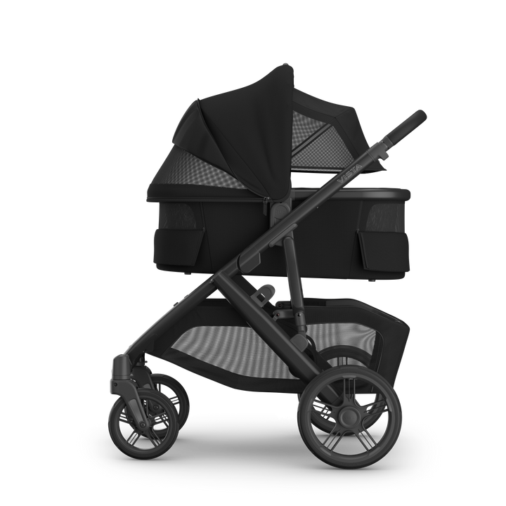 Bassinet V3 James Black on Vista V3 side all vents — UPPAbaby newborn bassinet full ventilation stroller
