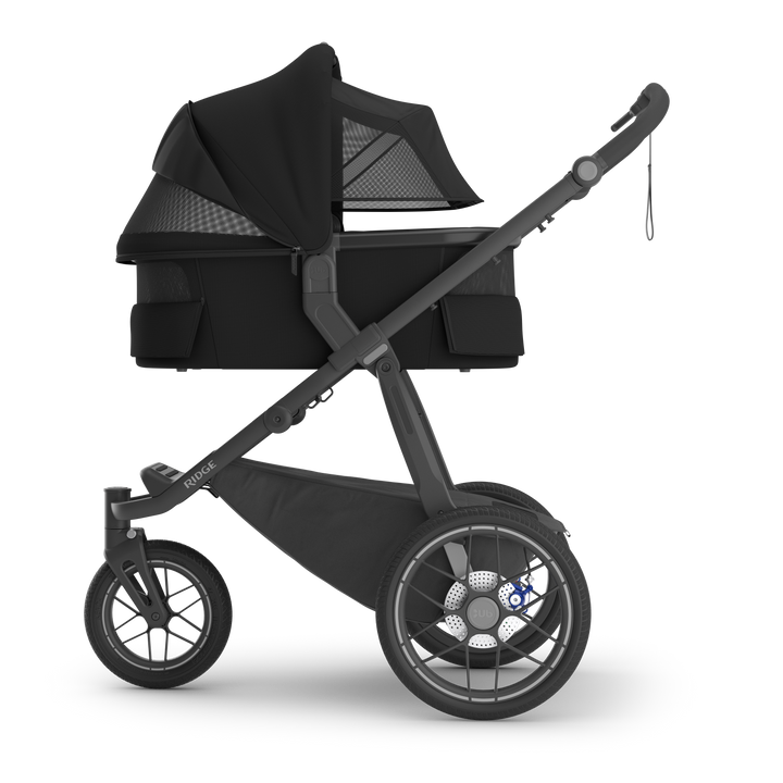 Bassinet V3 James Black on Ridge side all vents — UPPAbaby all-black bassinet Ridge stroller ventilation
