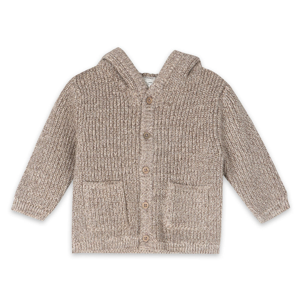 Viverano Organic Chunky Knitted baby hoodie with hood down cardigan for infants with buttons and pockets Cocoa Heather 