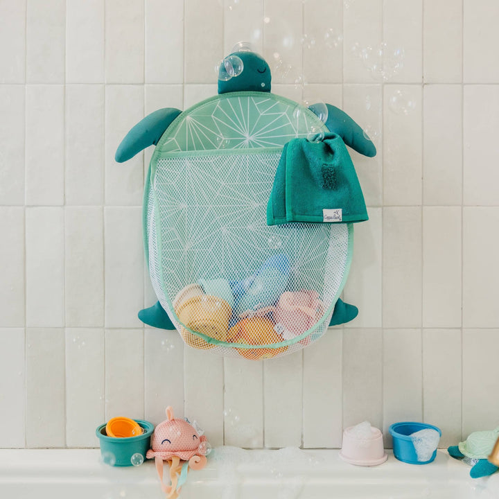 Copper Pearl Wade bath toy organizer with bath accessories, mesh storage for toddler bath toys and essentials