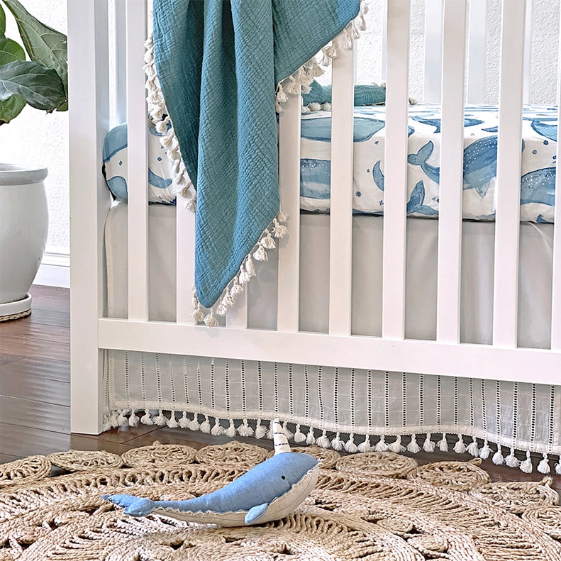 Caspian Crib Sheet in Whale by Crane Baby, the perfect fitted crib sheet for your nursery.