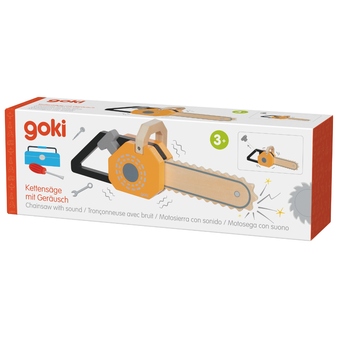 The Goki Chainsaw with Sound is a wooden toy that brings adventure and creativity to children.