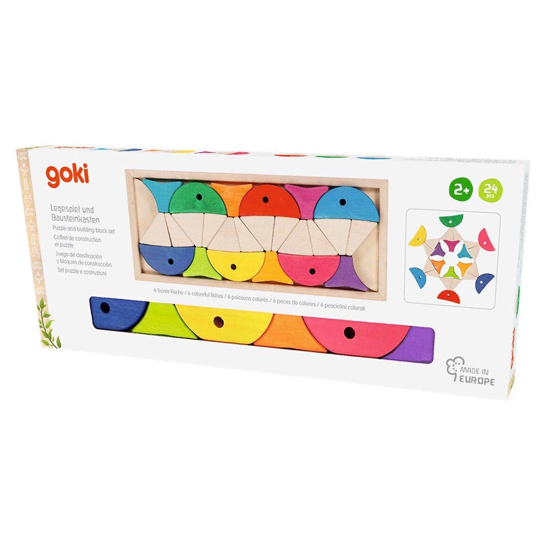 Goki Colour and Shape Sorting Game - 6 colourful fishes, a wooden toy designed for educational play.