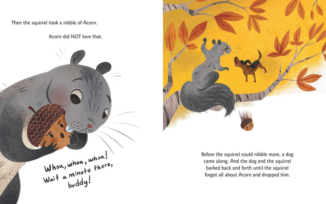 Acorn Was a Little Wild hardcover page featuring a friendly opossum, a Simon & Schuster book for kids