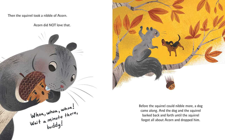 Acorn Was a Little Wild hardcover page featuring a friendly opossum, a Simon & Schuster book for kids